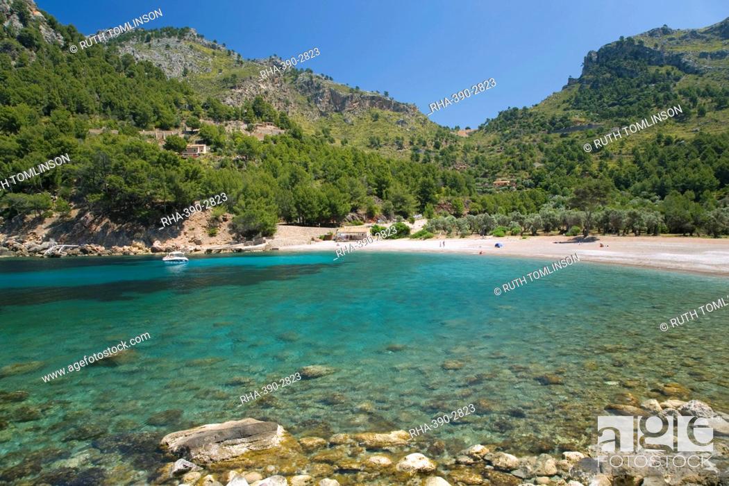 Stock Photo: View across the turquoise waters of Cala Tuent near Sa Calobra, Mallorca, Balearic Islands, Spain, Mediterranean, Europe.
