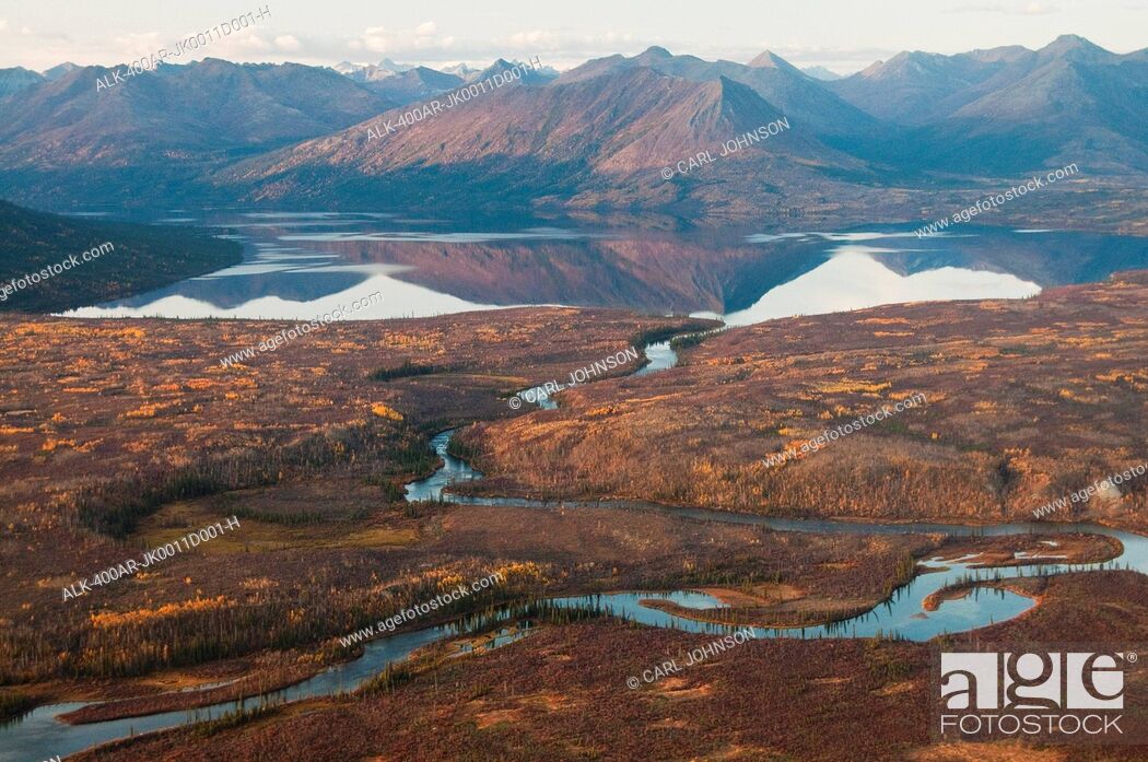 Stock Photo: Aerial view of evening light refelecting in Walker Lake and Kobuk River in Gates of the Arctic National Park & Preserve, Arctic Alaska, Fall.