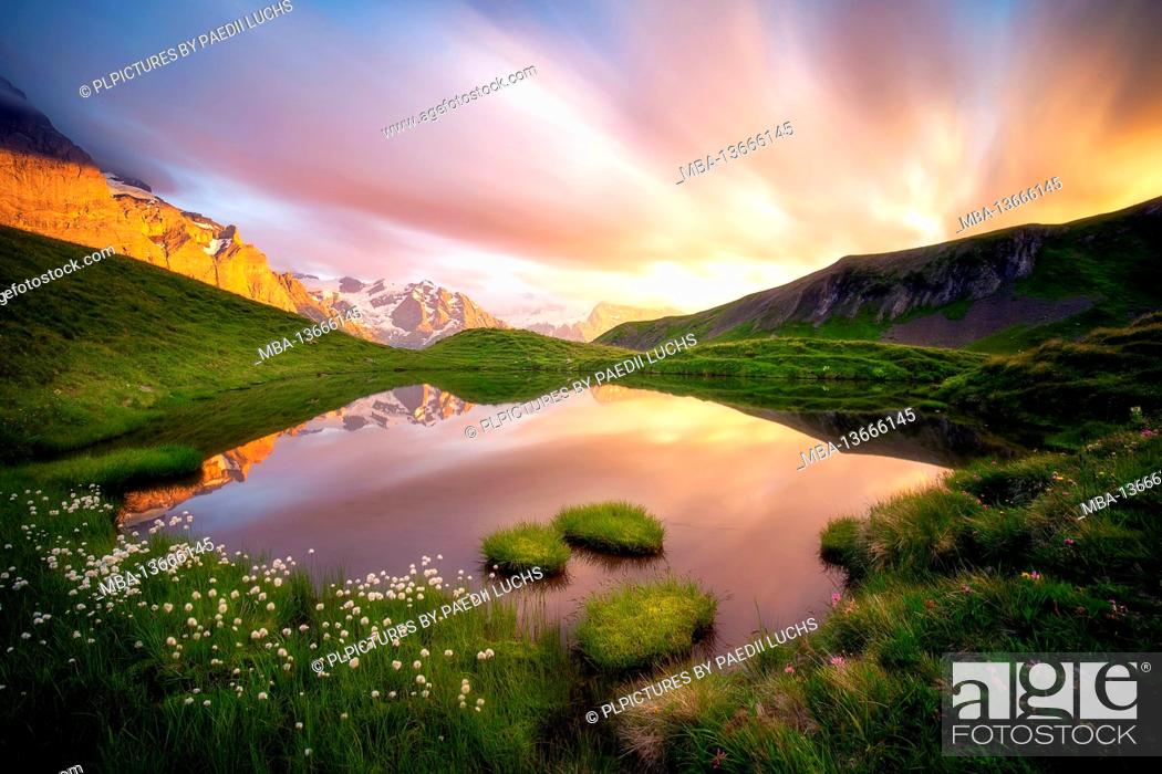 Stock Photo: Sunset at the mountain lake in the Haslital in the Swiss Alps.