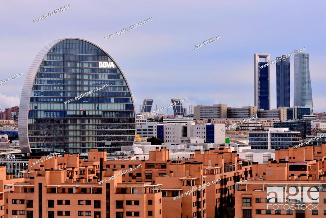 Stock Photo: View of La Vela building and Four towers business area, Madrid, Spain.