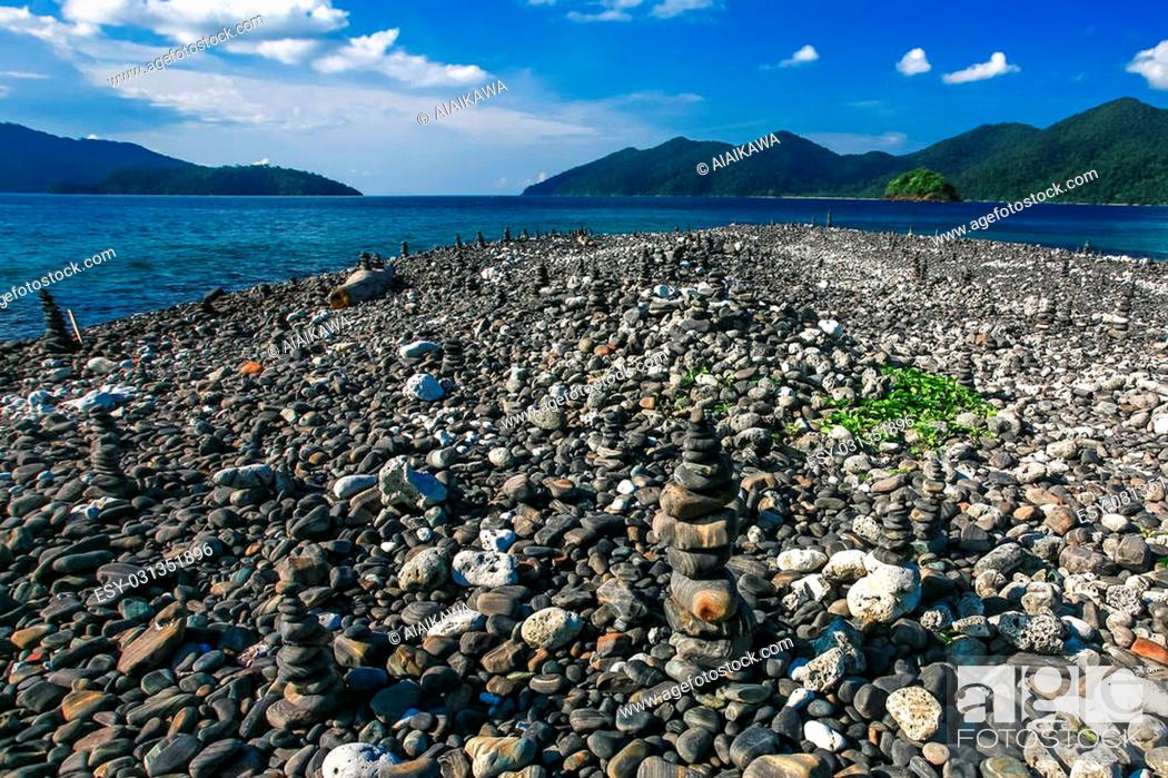 Stock Photo: Beautiful sea and black pebble beach at tropical island, Koh Lipe, Andaman Sea, Thailand.