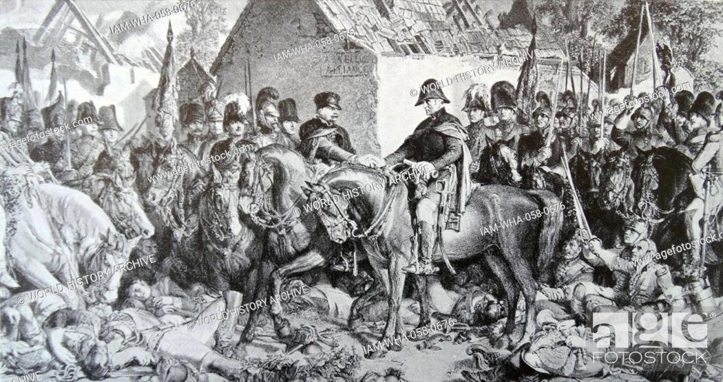 Stock Photo: Meeting of Blucher and Wellington. The central scene shows the Duke of Wellington meeting with PRussian Marshal Blucher at the La Belle Alliance after the.