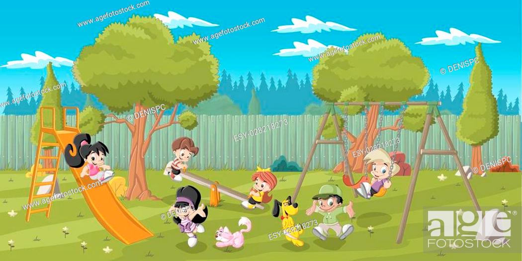 Cute happy cartoon kids playing in playground on the backyard, Stock  Vector, Vector And Low Budget Royalty Free Image. Pic. ESY-028218273 |  agefotostock