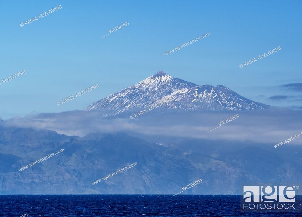 Stock Photo: View over Atlantic Ocean towards El Teide Mountain Peak, Tenerife, Canary Islands, Spain.
