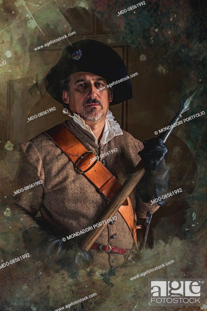 Stock Photo: Portrait of pikeman with pike, 17th Century.