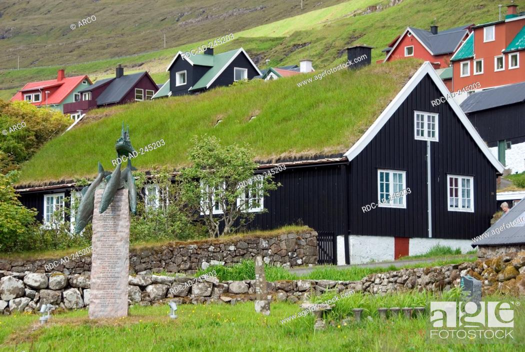 Stock Photo: Sod house Kvivik isle Streymoy Faro Islands Denmark Faerö Islands Färö Islands Faeroe Islands green roofing.
