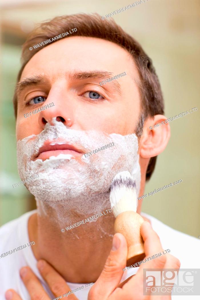 Stock Photo: Young Adult, Close-Up, Man, One, Adult, Caucasian Appearance, Bare, Face, Indoors, Home, Care, Hygiene, Inside, House, White, Morning, Sharp, Beard, Standing, Focused, Soap, Skin, Bathroom, Shave, Cute, Attractive, Charming, Razor, Routine, Handsome