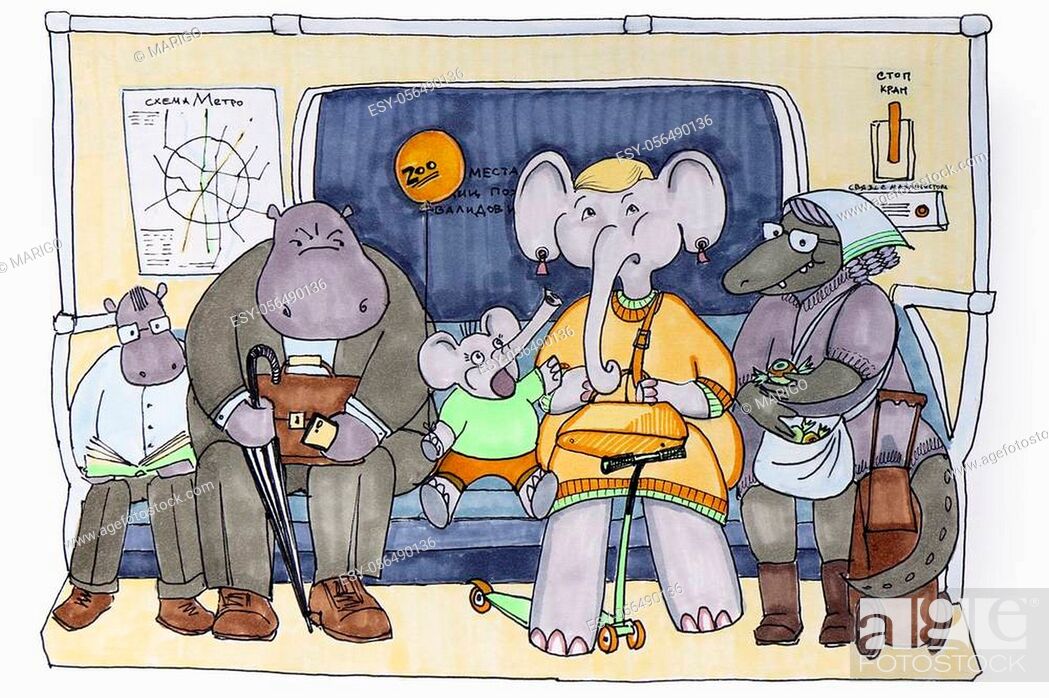 Cartoon drawing of passengers in the subway. The little elephant attracts  the attention of his..., Stock Photo, Picture And Low Budget Royalty Free  Image. Pic. ESY-056490136 | agefotostock