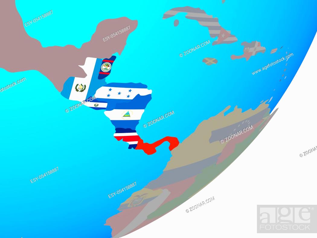 Stock Photo: Central America with embedded national flag on blue political globe. 3D illustration.
