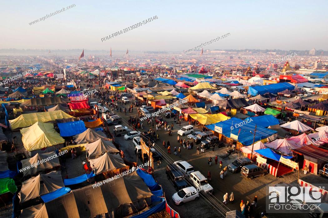 Stock Photo: Aerial view of residential tents at Maha Kumbh, Allahabad, Uttar Pradesh, India.