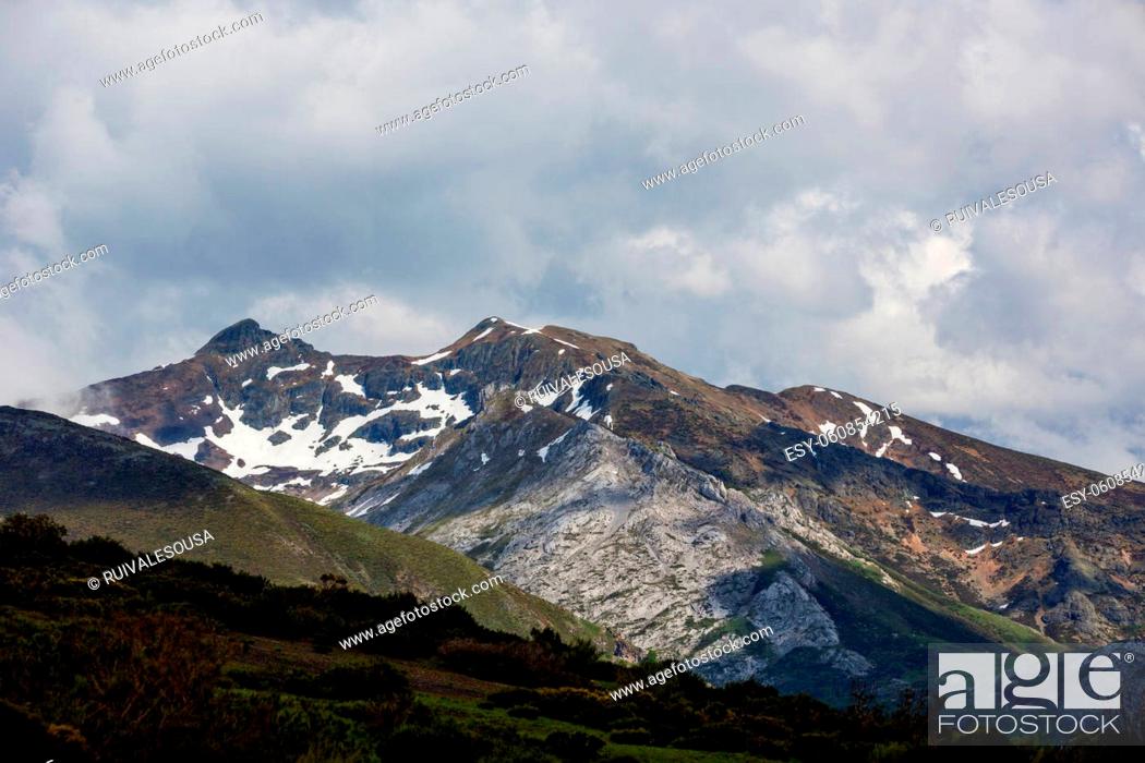 Stock Photo: Mountain landscape in the Picos de Europa national park, Spain, Asturias. Snow on the mountain peaks.