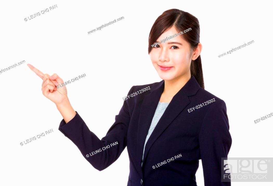 Stock Photo: Young businesswoman with finger showing up.