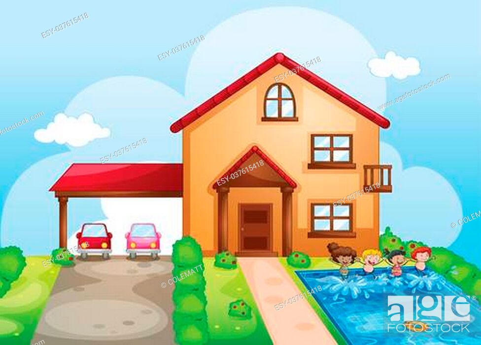illustration of a house and kids in a beautiful nature, Stock Vector,  Vector And Low Budget Royalty Free Image. Pic. ESY-037615418 | agefotostock