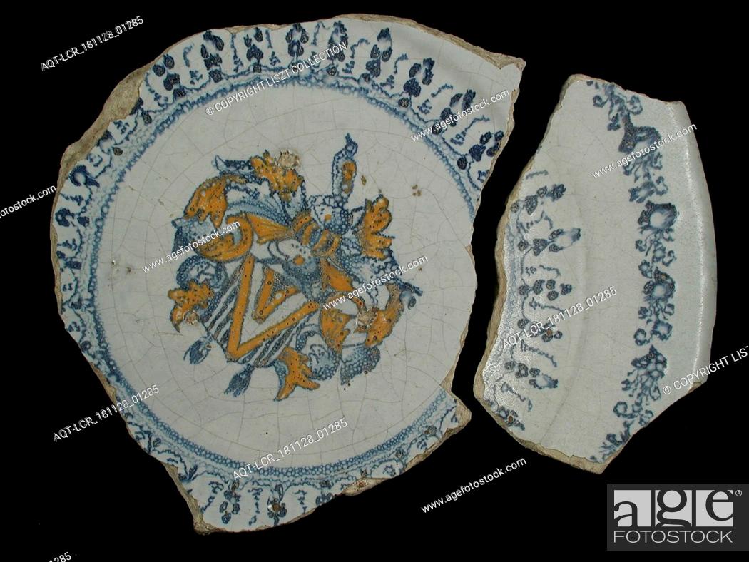 Stock Photo: Fragments majolica dish, blue on white, details with yellow, coat of arms, signed, plate dish crockery holder soil find ceramic earthenware glaze.