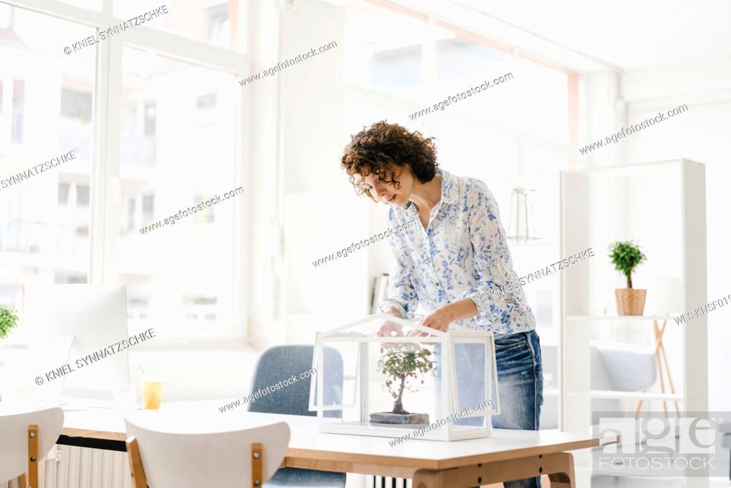 Imagen: Businesswoman in office taking care of bonsai tree.