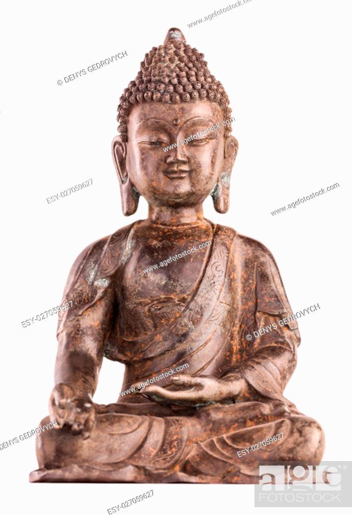 Stock Photo: Buddha Shakyamuni's figure in a blessing pose - varada mudra. The old statue made of metal isolated on a white background.
