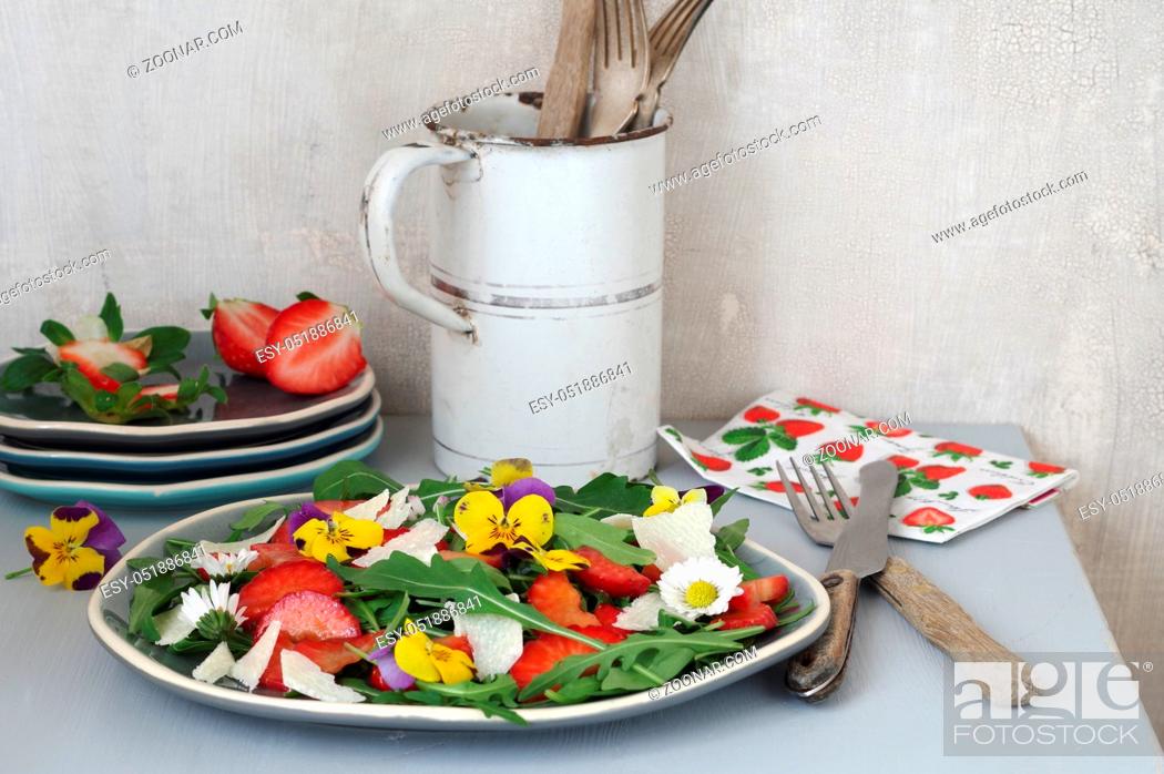 Stock Photo: White, Green, Red, Summer, Flower, Colorful, Leaf, Spring, Fruit, Vegetables, Dish, Snack, Blossom, Grey, Bloom, Berry, Wild, Salad, Cheese, Appetizer, Violet, Mixed, Edible, Strawberry, Weiss, Sommer, Wildflower, Rot, Daisy, Grün