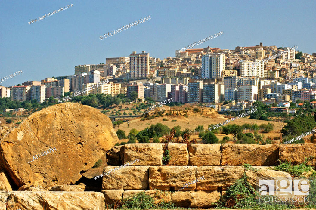 Stock Photo: View on the city from The Valley of Temples . Agrigento. Sicily. Italy.