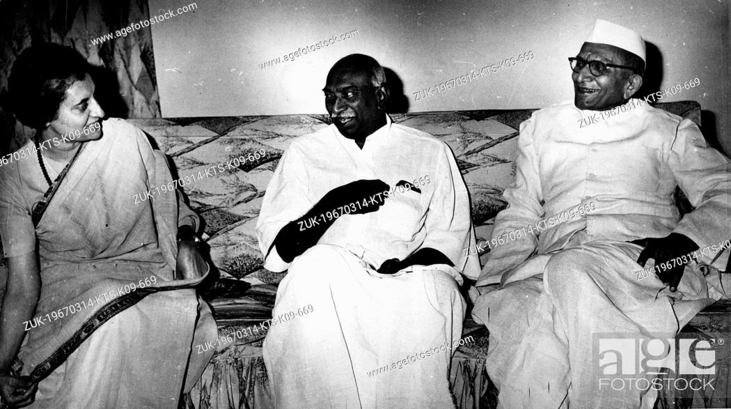 Stock Photo: Mar. 14, 1967 - New Delhi, India - INDIRA GANDHI, the first and only female Prime Minister of India with MORARJI DESAI and President KAMARAJ.
