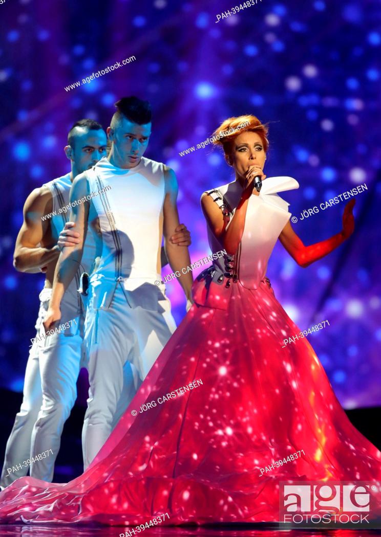 Stock Photo: Singer Aliona Moon representing Moldova performing during the dress rehearsal of the 1st Semi Final for the Eurovision Song Contest 2013 in Malmo, Sweden.