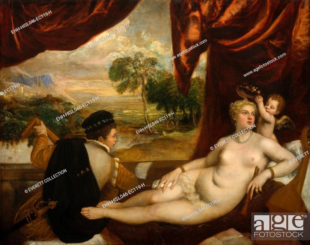 Stock Photo: VENUS AND THE LUTE PLAYER, by Titian, 1565–70, Italian Renaissance painting, oil on canvas. A nude reclining Venus stops listening to music to be crowned by.