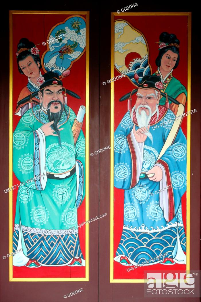 Stock Photo: Hoi Tuong Te Nguoi Hoa buddist chinese temple. Painting door.