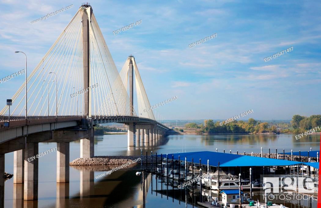Stock Photo: The Clark Bridge, also known as Cook Bridge, at Alton, Illinois, a Cable bridge carries U.S. Route 67 over the Mississippi River and was completed in 1994.