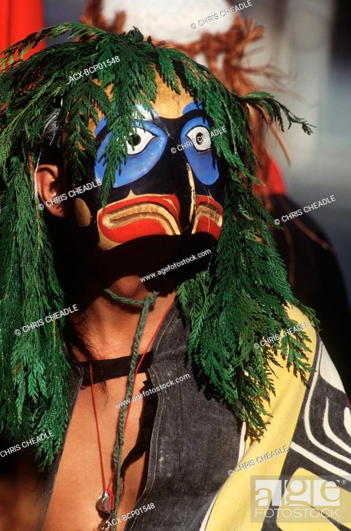 Stock Photo: First Nations culture  Nisgaa in ceremonial regalia with head dress, British Columbia, Canada.