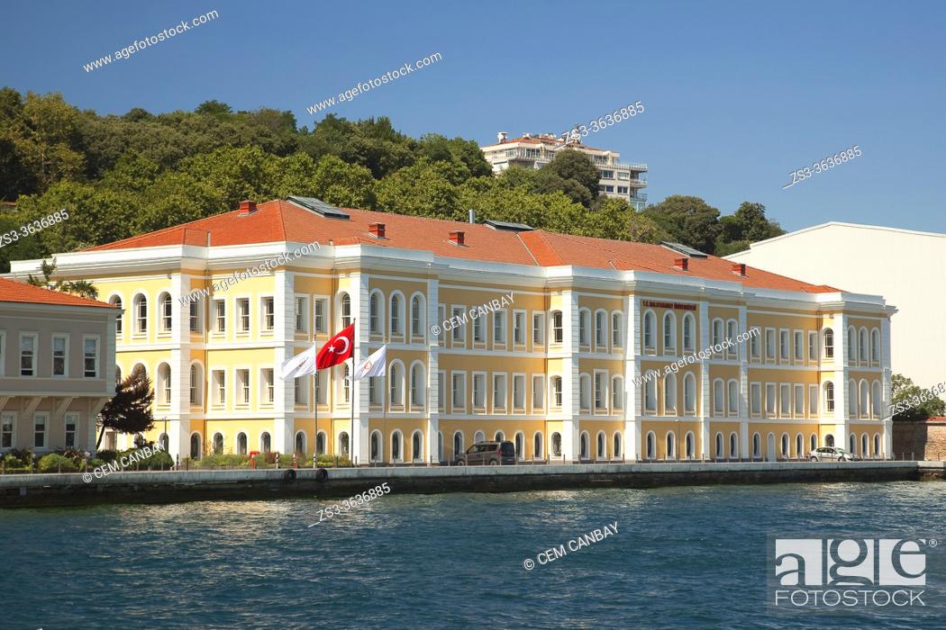 Stock Photo: View to the building of University of Galatasaray-Galatasaray Üniversitesi by the seaside at the Bosphorus, Ortakoy, Istanbul, Turkey, Europe.