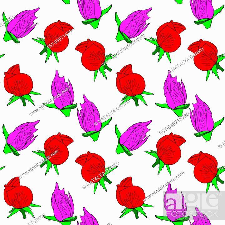Vector: buds of a red and pink rose, a repeating seamless pattern on a white background.