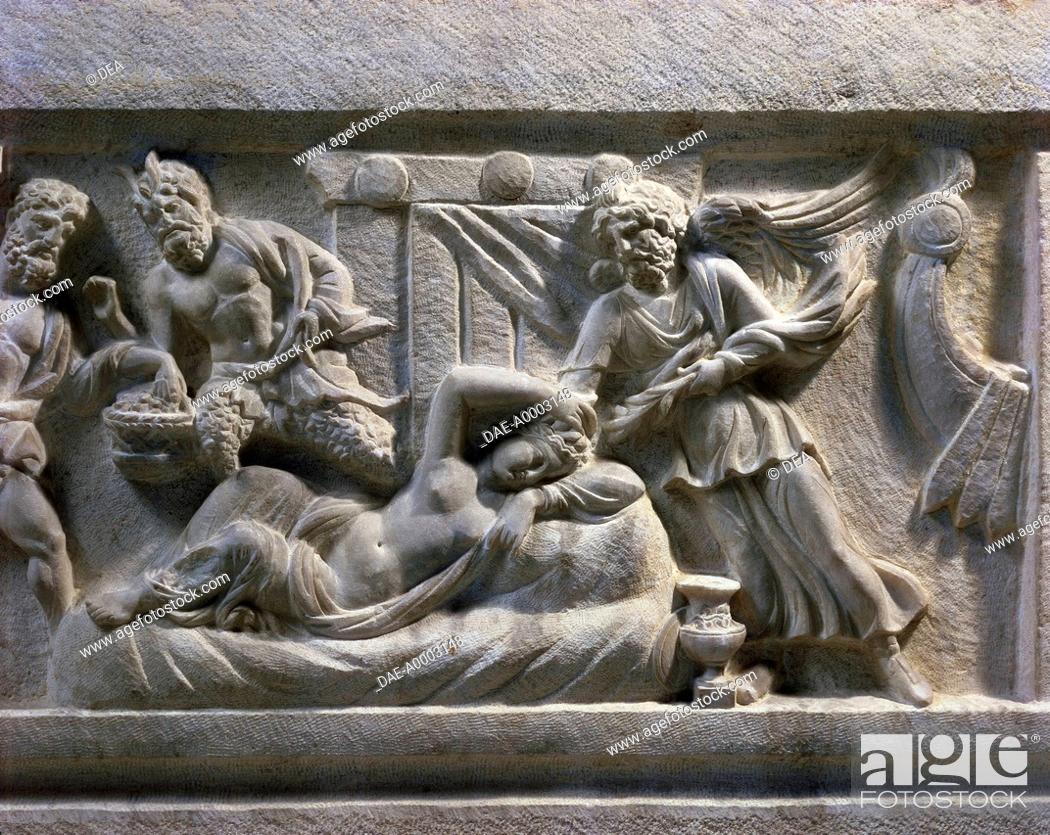 Stock Photo: Roman civilization. Marble sarcophagus with relief depicting the life of Ariadne at Naxos. From Alexandria. Detail: Ariadne asleep, protected by Hypnos.