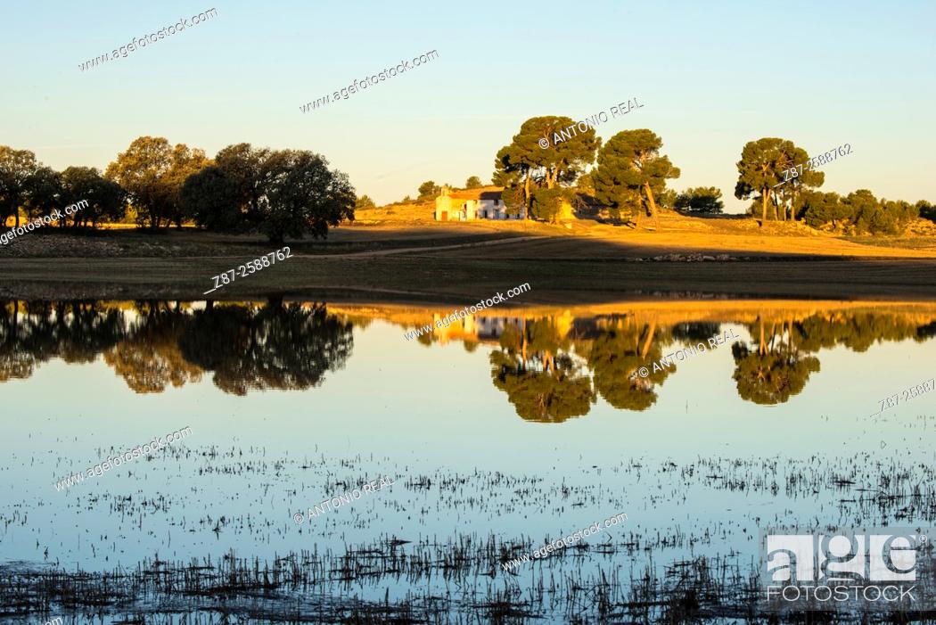 Stock Photo: Paraje de Los Pozuelos and pond, Almansa, Albacete province, Spain.