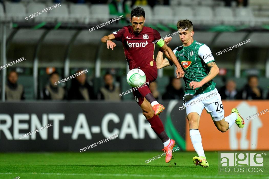 Stock Photo: From left Camora of Cluj, Dominik Plestil of Jablonec in action during the Football European Conference League, Group D, 1st round match: FK Jablonec vs CFR.