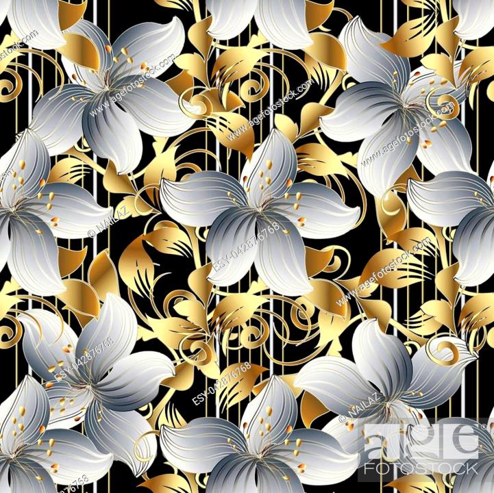 3d flowers vector seamless pattern. Black striped floral background  wallpaper with vintage white 3d..., Stock Vector, Vector And Low Budget  Royalty Free Image. Pic. ESY-042876768 | agefotostock