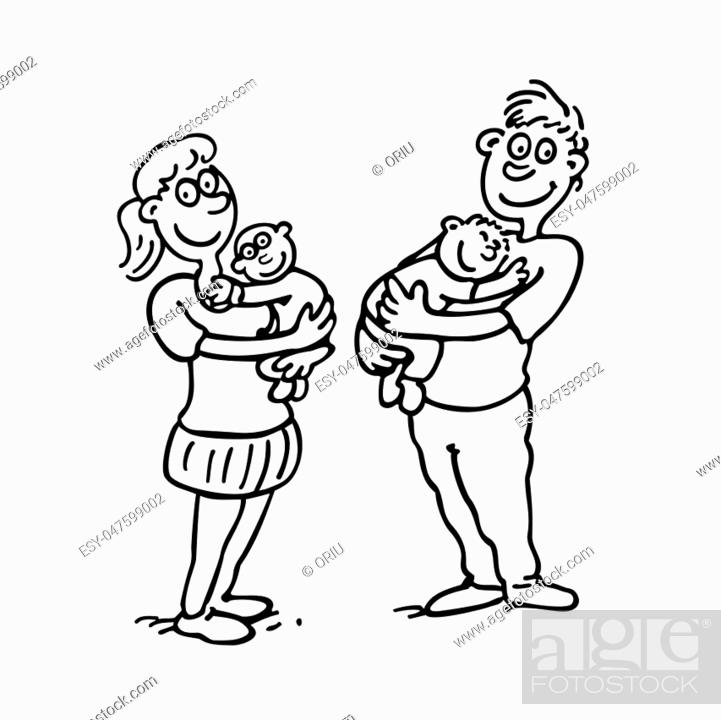 mom dad hold baby. outlined cartoon drawing sketch illustration vector,  Stock Vector, Vector And Low Budget Royalty Free Image. Pic. ESY-047599002  | agefotostock