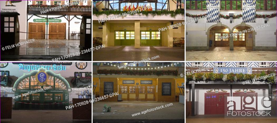 Stock Photo: COMBO - View of the exits of different beer tents at the Oktoberfest after closure in Munich, Germany, 27 September 2017.