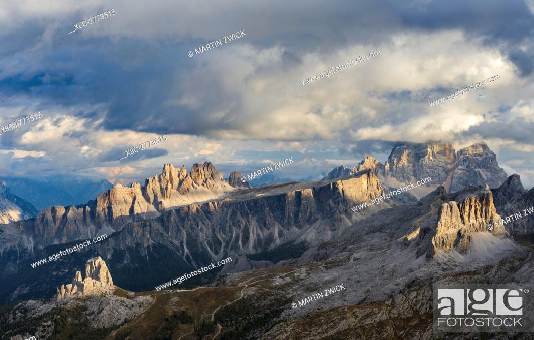 Stock Photo: The dolomites in the Veneto. Monte Pelmo, Croda da Lago, Averau, Nuvolau and Ra Gusela in the background. The Dolomites are listed as UNESCO World heritage.