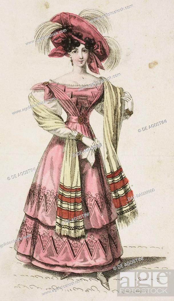 Stock Photo: Woman wearing a pink dress with white-puffed sleeves and a hat adorned with white feathers with pink ribbons and yellow fringed stole with red bands, plate 41.
