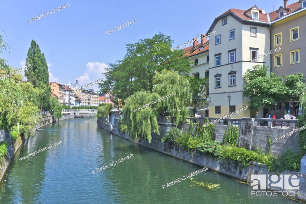 Stock Photo: Ljubljana, Old city view by the river, Slovenia, Balkans, Europe.