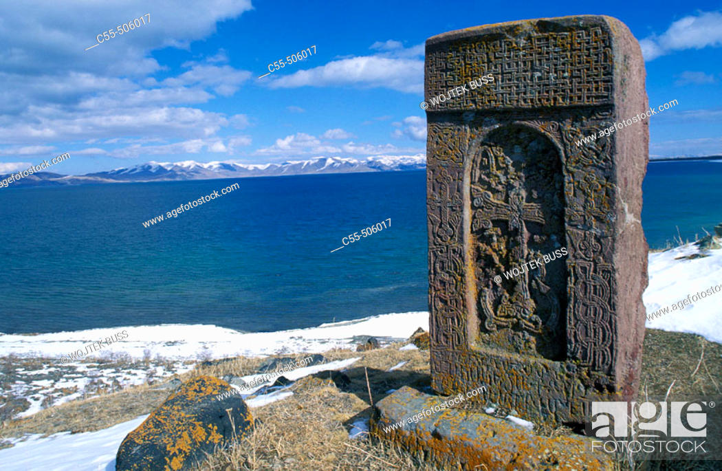 Stock Photo: 'Khachkars' and Lake Sevan, Hayravank. Armenia.