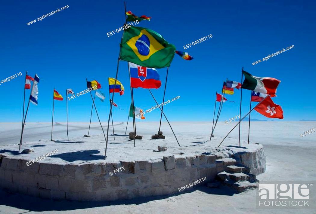 Stock Photo: Flags on Salar de Uyuni (Bolivia).