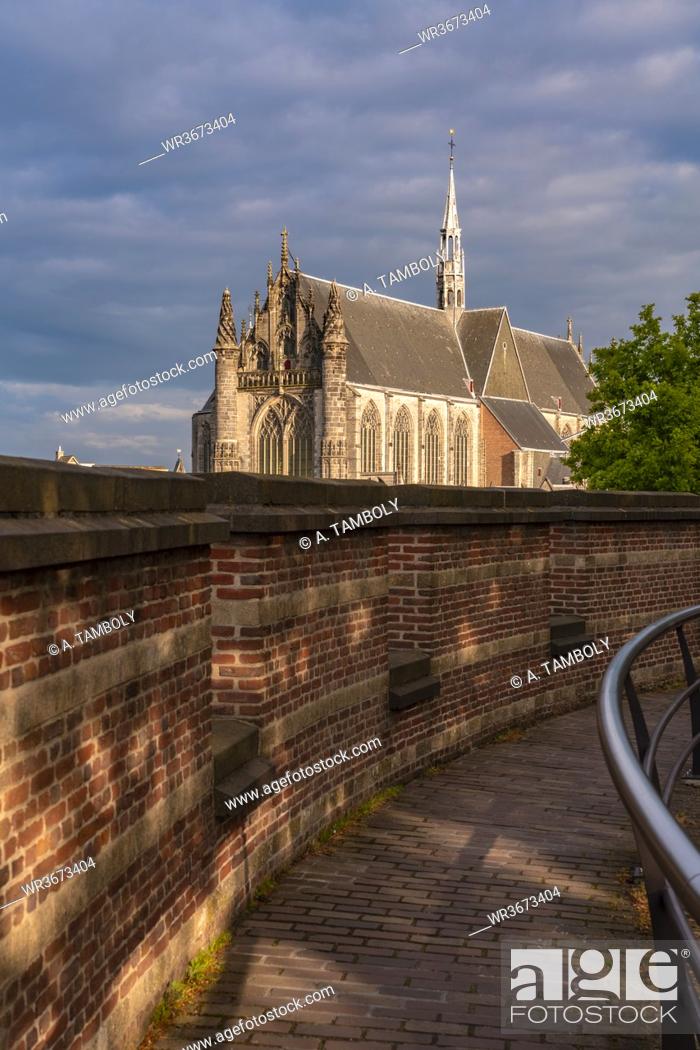 Stock Photo: Netherlands, South Holland, Leiden, Hooglandse Kerk cathedral seen from Burcht van Leiden castle.