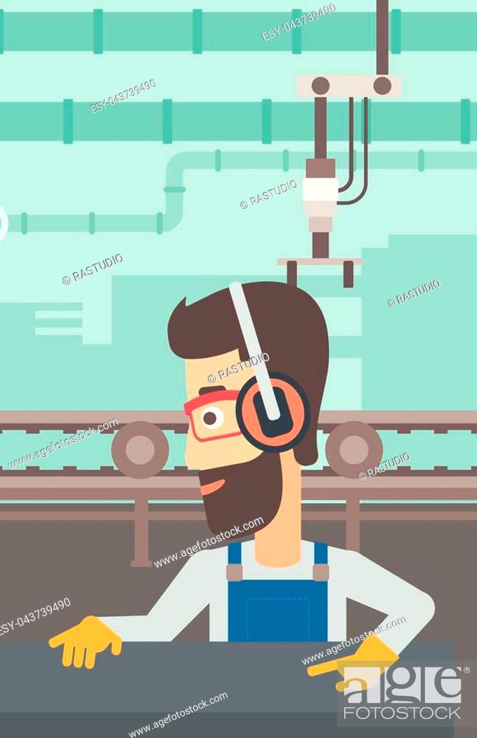 Stock Vector: A hipster man with the beard working on a steel-rolling mill on the background of factory workshop with conveyor belt vector flat design illustration.