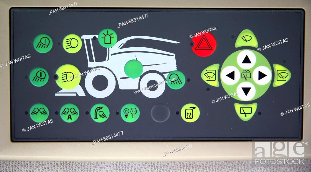 Stock Photo: The control panel for the lights and the wipers of a Fendt Katana corn chopper is seen in Hohenmoelsen, Germany, 17 April 2015.