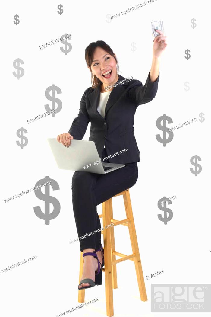 Photo de stock: Successful businesswoman smile and very happy because got money from success new project on white dollar background.