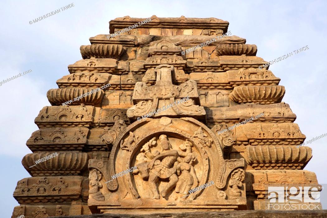 Stock Photo: Jambulinga Temple tower curving ribs decorated horseshoe shaped large panel of Shiva dancing with Nandi and Parvati , Pattadakal , Chalukya , District Bagalkot.