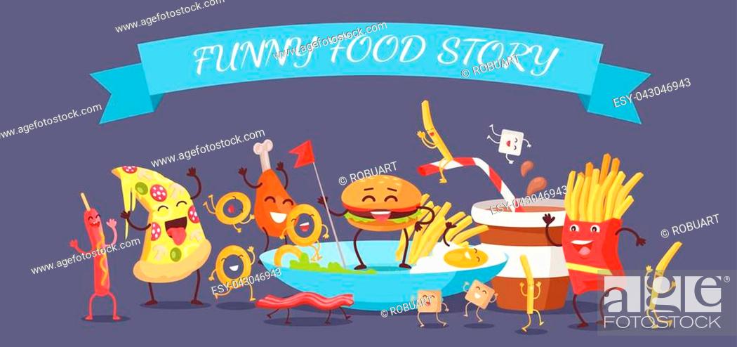 Funny food story banner. Happy fast food cartoon characters rejoice and  dance, Stock Vector, Vector And Low Budget Royalty Free Image. Pic.  ESY-043046943 | agefotostock