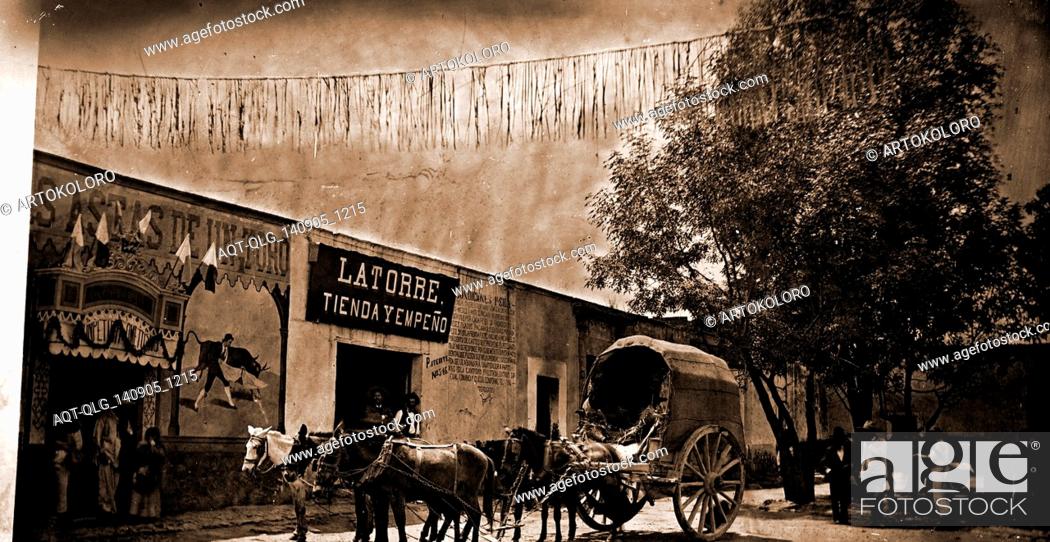 Stock Photo: Mexico, pulqueria and carreta, Jackson, William Henry, 1843-1942, Carts & wagons, Bars, Mexico, Mexico City, 1880.