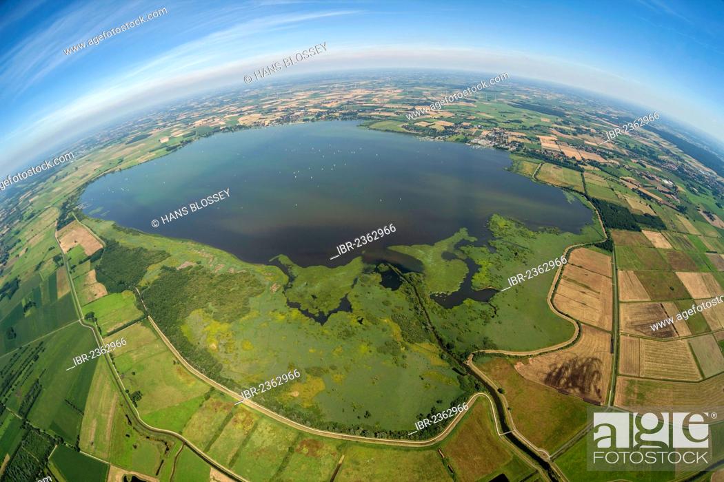 Stock Photo: Aerial view, fisheye shot, Duemmer river and Duemmersee lake, North German Plain or Northern Lowland, Hunte, Bohmte, Lower Saxony, Germany, Europe.