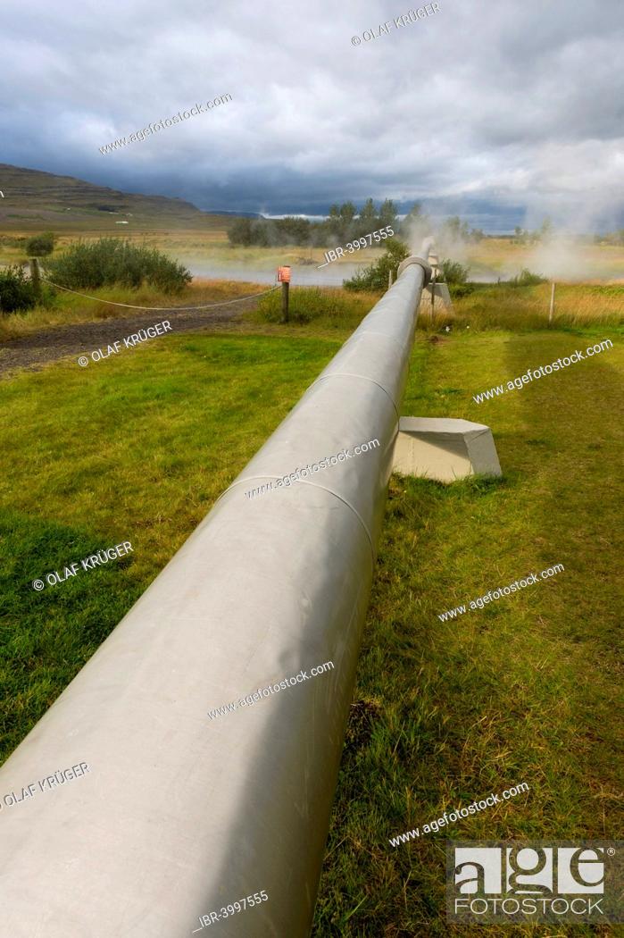 Stock Photo: Pipeline with boiling water for the supply of Akranes and Borgarnes, Deildartunguhver, highest-flow hot spring of Iceland with 180 liters of boiling water per.